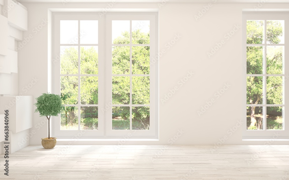 White empty room with summer landscape in window. Scandinavian interior design. 3D illustration White empty room with summer landscape in window. Scandinavian interior design. 3D illustration