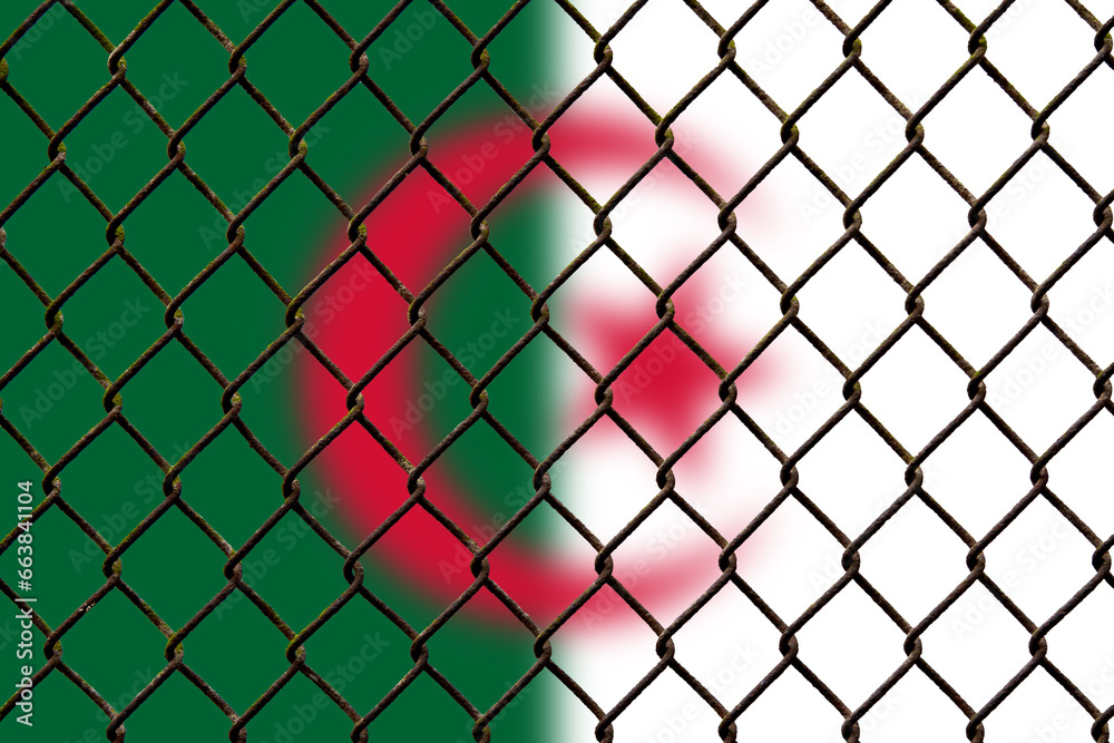 Fototapeta premium A steel mesh against the background of the flag Algeria.