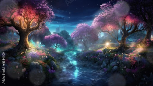 Beautiful fantasy spring nature landscape and cherry blossom tree animated background with anime or cartoon illustration style. seamless looping video animated background. 