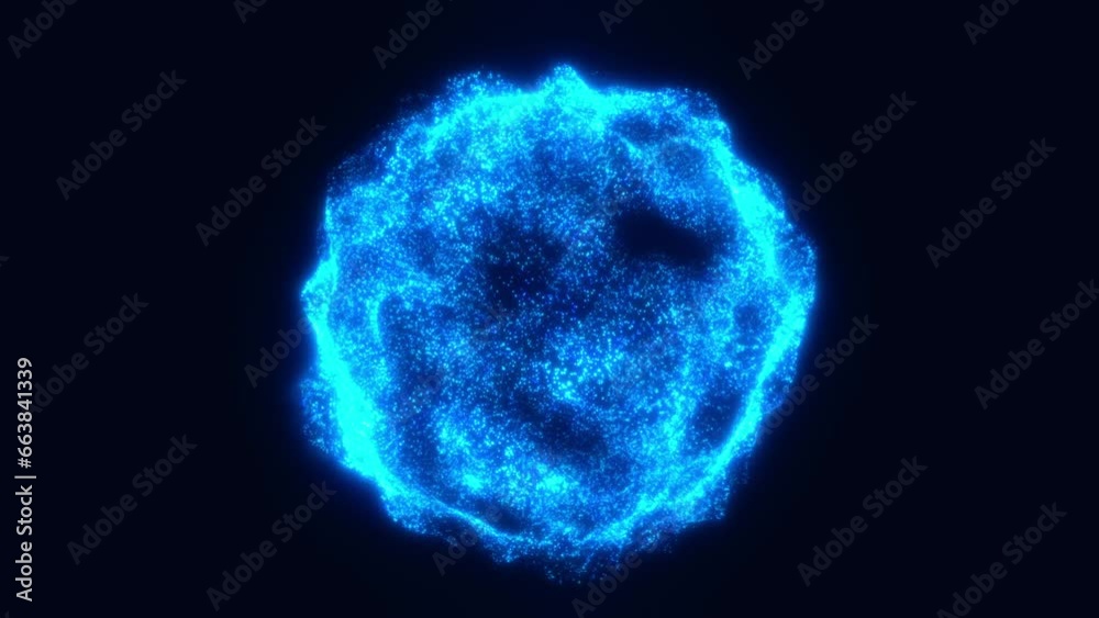 Small electric blue glowing particles shape a sci-fi sphere on black backdrop. Space futuristic vibrant and dark background 4k. Vibration of bundle of energy. Abstract moving molecules loop animation
