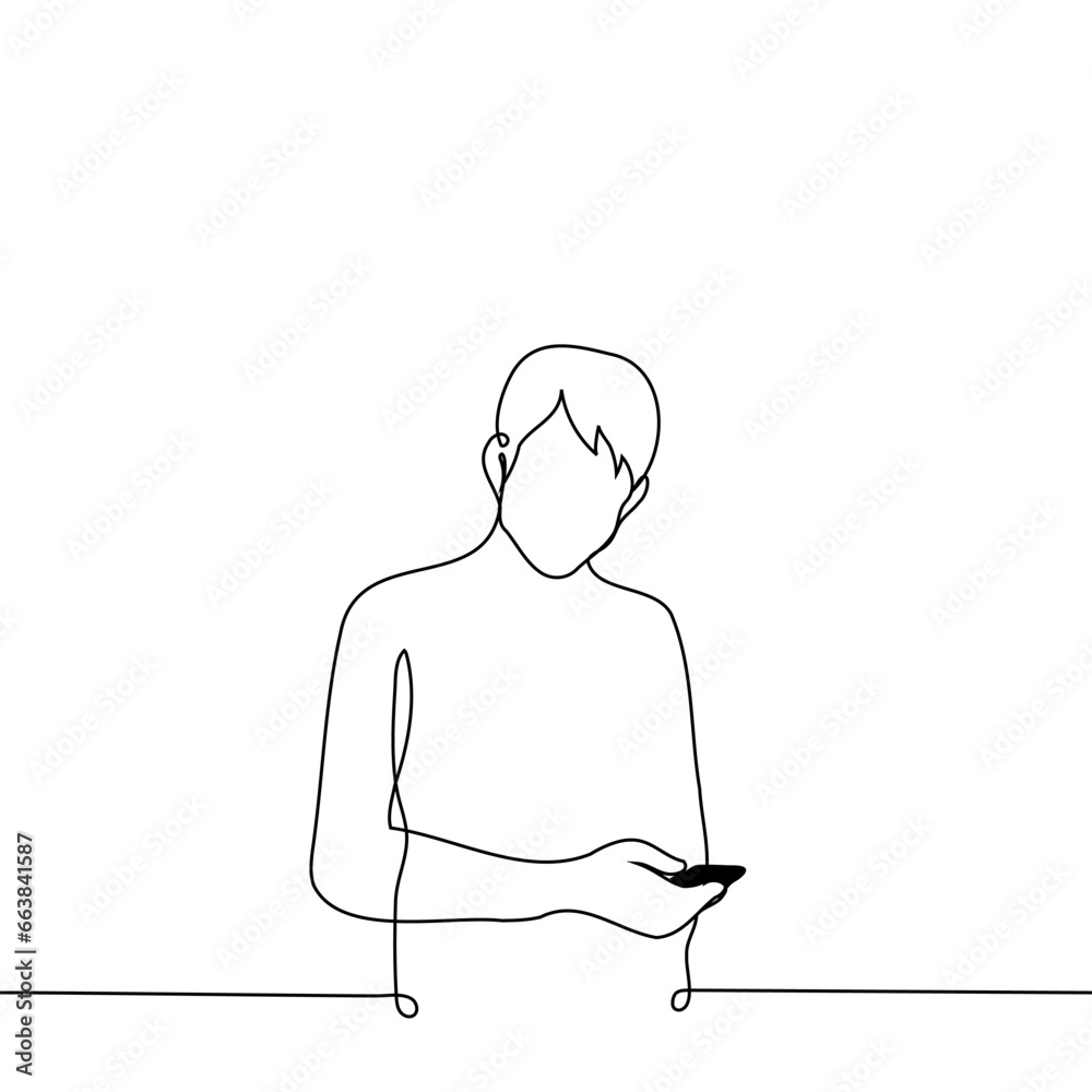 man standing holding phone - one line art vector. concept of receiving a call, using the phone man standing holding phone - one line art vector. concept of receiving a call, using the phone