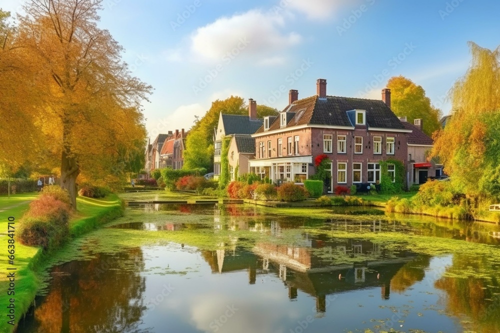 Scenic view of Dutch countryside, featuring a pond and charming town. Generative AI