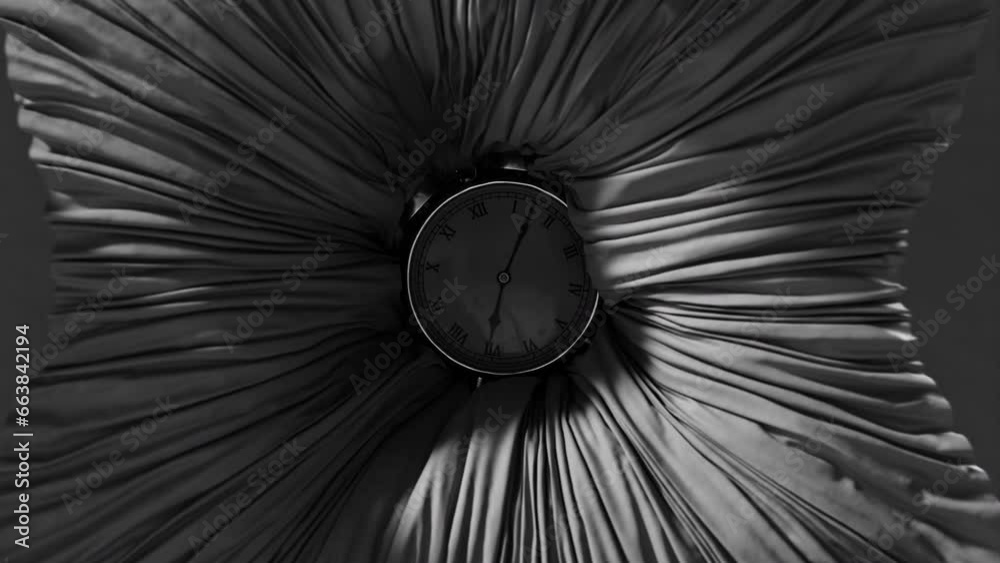 An old clock sinks into fabric in black and white
