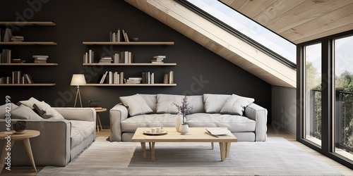 Attic living room with minimalist white sofa  simple and elegant
