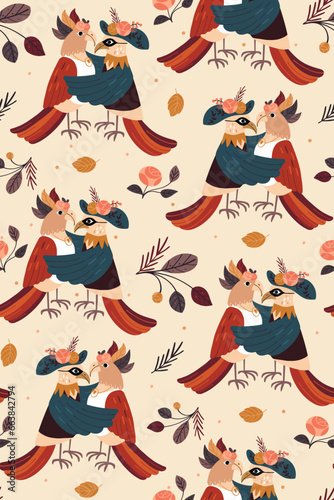 Vintage seamless pattern featuring two dancing birds. Perfect for textiles, w...
