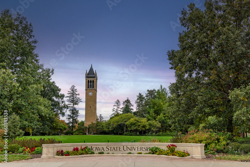 Iowa State University Campus with fall colors at sunset