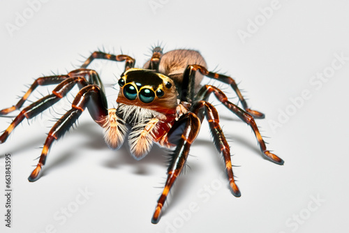 a large fluffy colored tarantula spider runs across the table. AI GENERATE