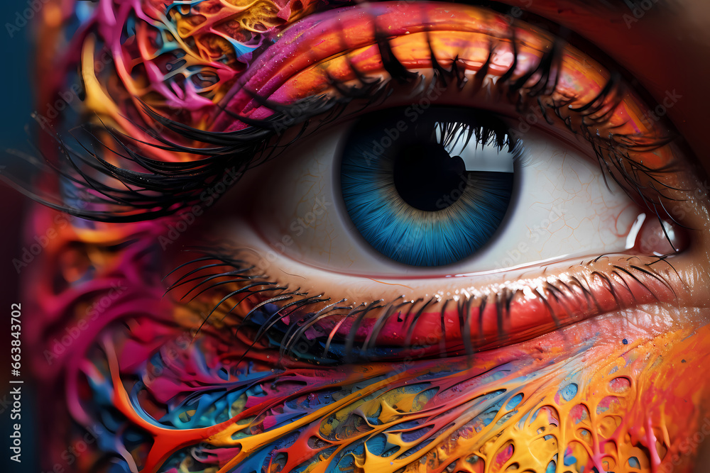 close up shot of a human eye with multicolor design. Generative Ai
