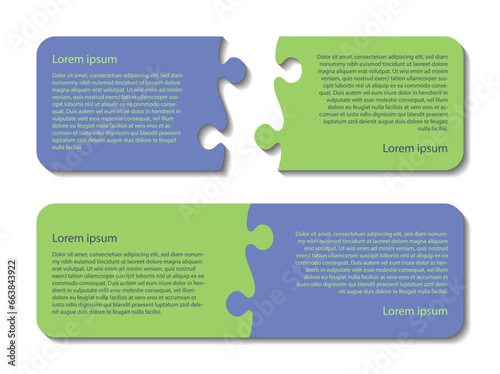 Business infographics with two puzzle  green and blue pieces. Vector design. Couple puzzle elements. Cooperation and teamwork concept. Problem solving  or business partnership abstract concept. 