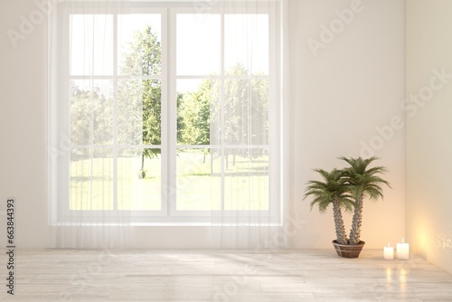 White empty room with summer landscape in window. Scandinavian interior design. 3D illustration