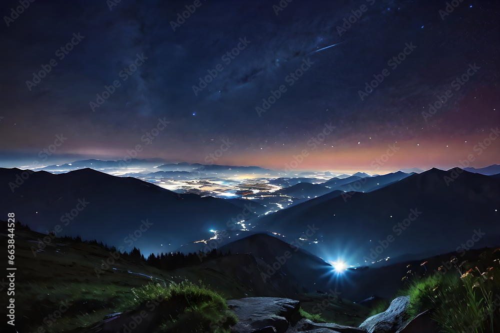 Beautiful night sky seen from the mountain top. Generative AI.