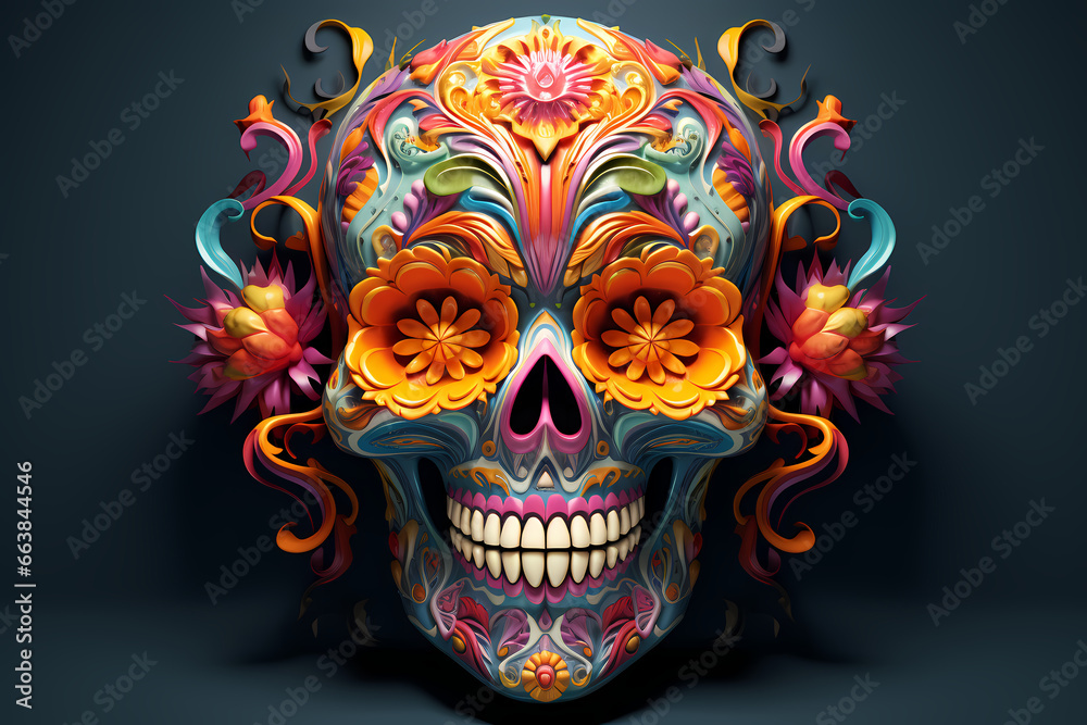 a skull design for the dia de los Muertos, 3d artistic design, colorful. Generative Ai