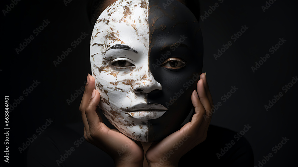 Person Holding Half-Black Half-White Mask Depicting Duality. - obrazy, fototapety, plakaty 