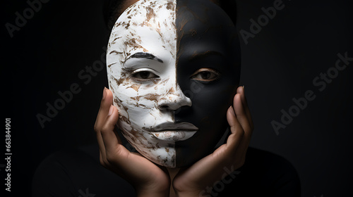 Person Holding Half-Black Half-White Mask Depicting Duality.