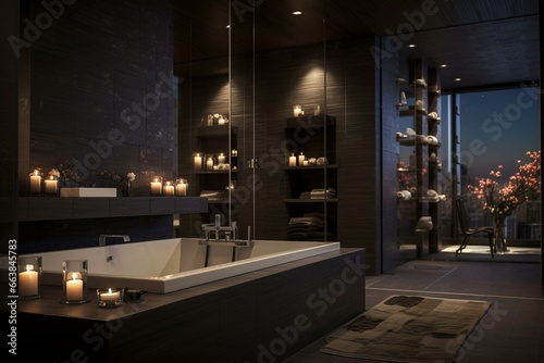Well-lit bathroom with candlelit ambiance and sleek dark tiles. Generative AI © Everly