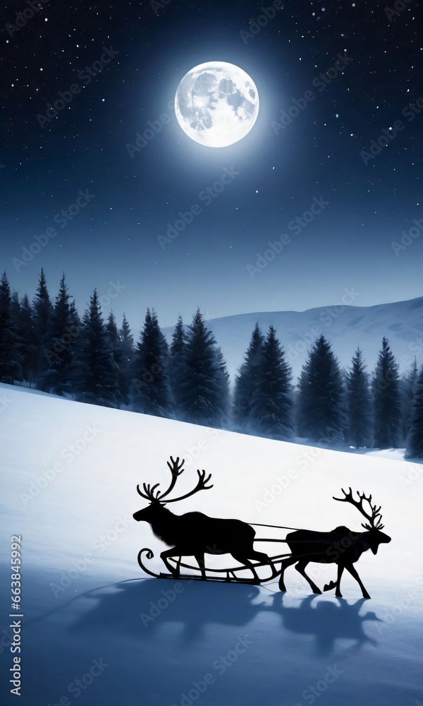A Reindeer Sled Through A Snowy Landscape With A Full Moon In The Background A Reindeer Sled Through A Snowy Landscape With A Full Moon In The Background