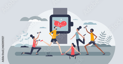 Smart watches and wrist watch for sport activity tracking tiny person concept. Wearable technology for oxygen level measurement and heart rate control in gym vector illustration. Exercising gadget.