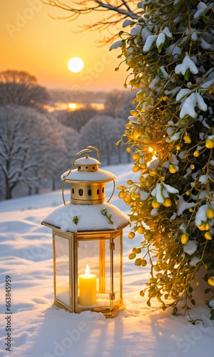 A Lantern In The Snow With A Candle Lit