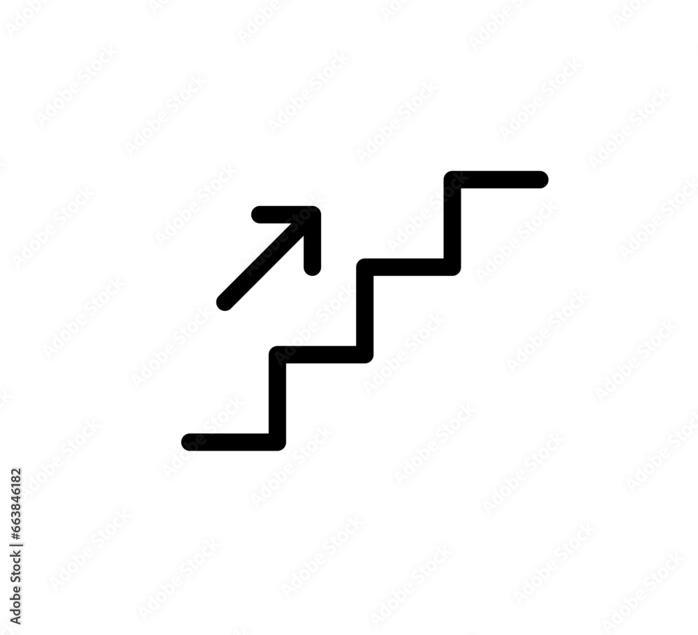 Stairs up icon with arrow. Stairway direction sign. Up stair symbol. Escalator black pictogram. Vector illustration isolated on white background. Editable stroke. Stairs up icon with arrow. Stairway direction sign. Up stair symbol. Escalator black pictogram. Vector illustration isolated on white background. Editable stroke.