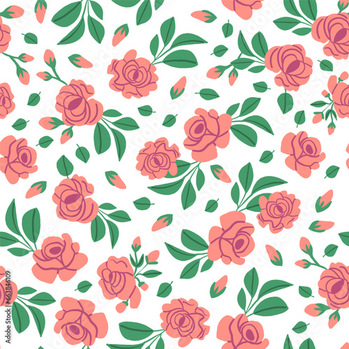 Vintage pattern with pink roses and leaves on white background. Retro flowers pattern. Vector illustration
