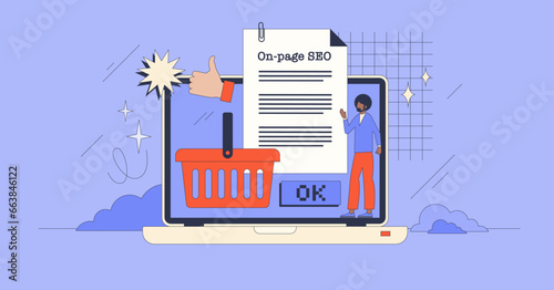 E-commerce SEO guide for effective website keywords retro tiny person concept. Search engine optimization learning course with internet marketing and advertising for best results vector illustration.
