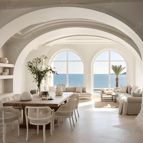 Circular Room with dining area & cream sofa set, Minimal Interior design. © Aakash