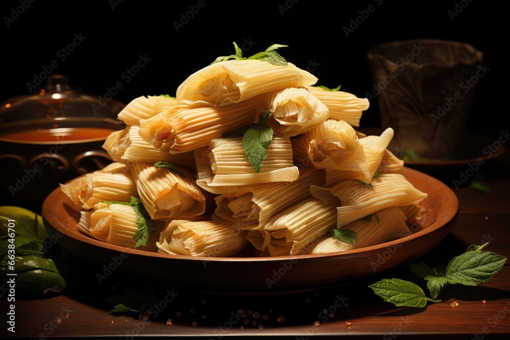 Plate of tamales tasty pasta with parsley on table, closeup Plate of tamales tasty pasta with parsley on table, closeup