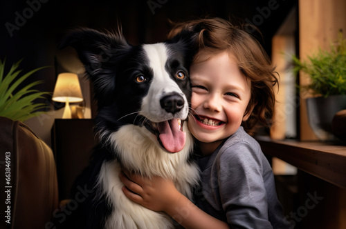 Photo of young happy boy hugging dog