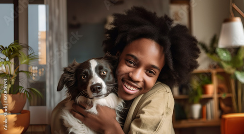 Photo of young happy female hugging dog