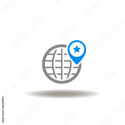 Vector illustration of globe world and location pointer with star. Icon of brand. Symbol of branding. Sign of relocation service.