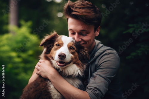 Photo of young male hugs the dog photo