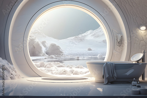 Futuristic white moon base styled luxury bathroom interior. Neural network generated image. Not based on any actual scene or pattern. © lucky pics