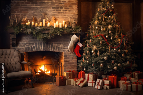 Christmas tree with gifts near fireplace at cozy room at night