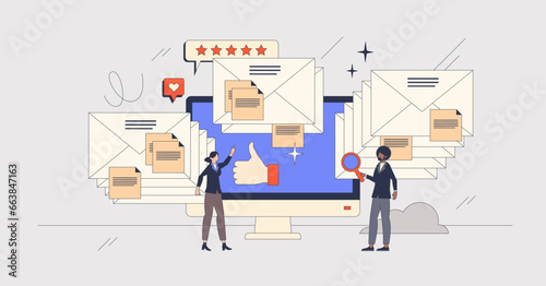 Digital mail campaigns as marketing communication retro tiny person concept. Send message with email to offer commerce information to customer list vector illustration. Automated data sending tools.