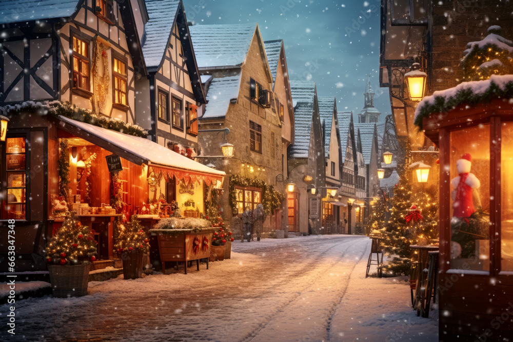Christmas in old town at snowy evening. No people on the street. Fairy tale winter scene. - obrazy, fototapety, plakaty 