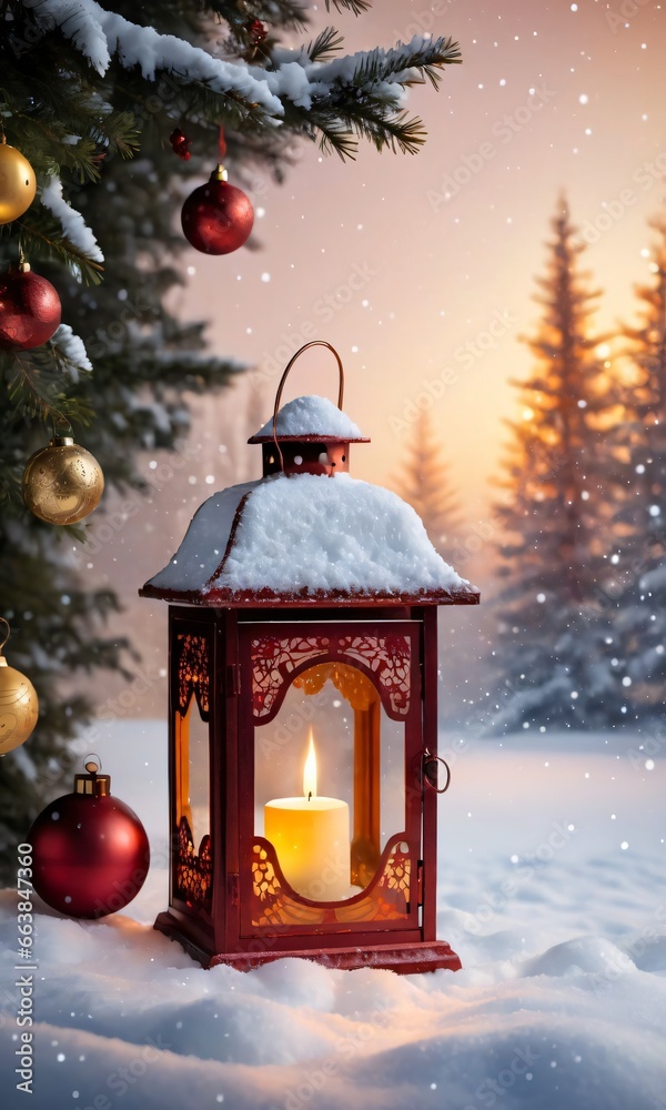 Christmas Lantern With Candle And Christmas Tree In Background
