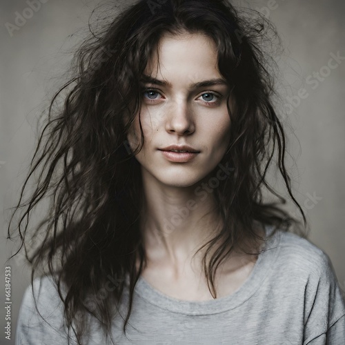 Portrait of a caucasian woman with dark tangled hair