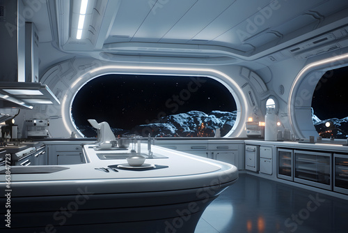 Futuristic white moon base style kitchen or bar interior. Neural network generated image. Not based on any actual scene or pattern.