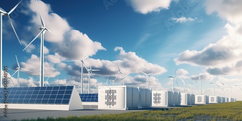 Energy storage system concept. Renewable energy - photovoltaics, wind turbines and battery cases photo