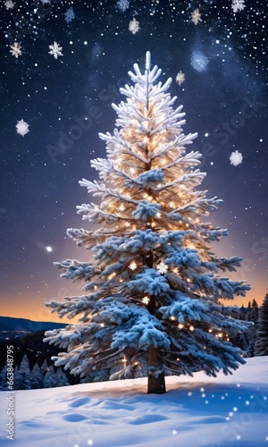 A Christmas Tree In The Snow With Lights