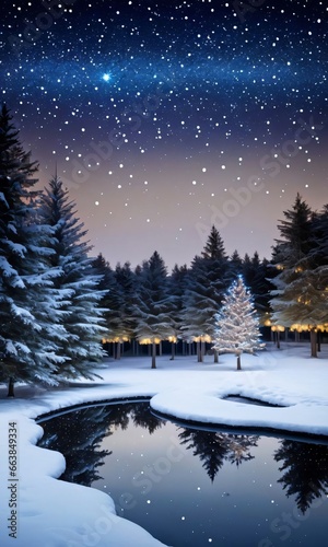 Winter Night Landscape With Snow And Trees