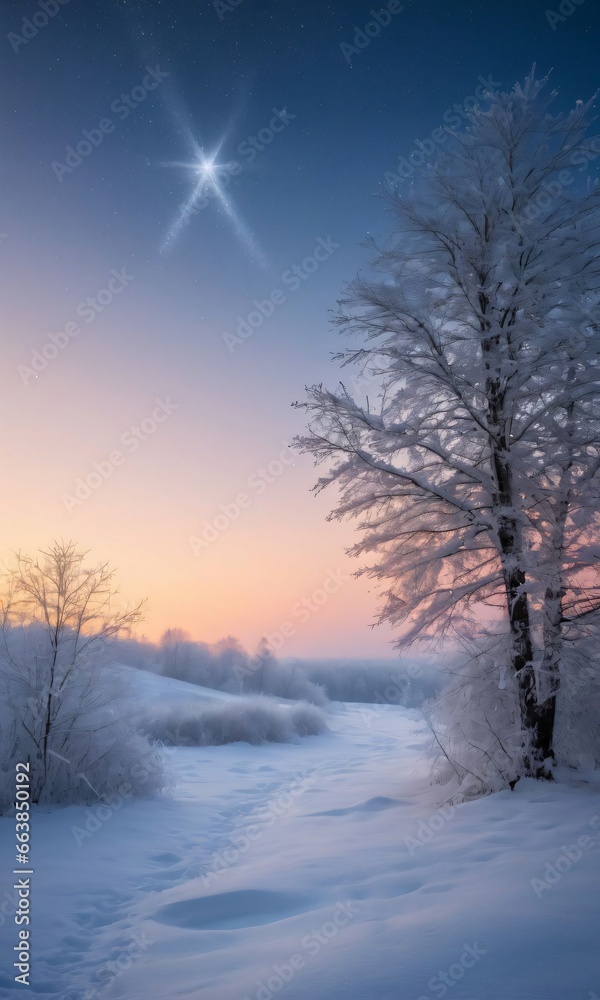 A Snowy Scene With A Tree And A Star A Snowy Scene With A Tree And A Star