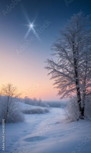 A Snowy Scene With A Tree And A Star