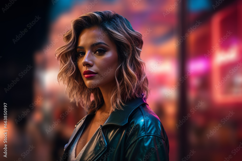 Beautiful young woman in leather jacket at night in a city neon lights Beautiful young woman in leather jacket at night in a city neon lights