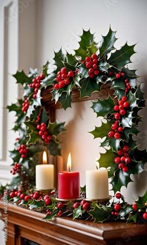 A Wreath With Holly And Red Berries On A Mantle