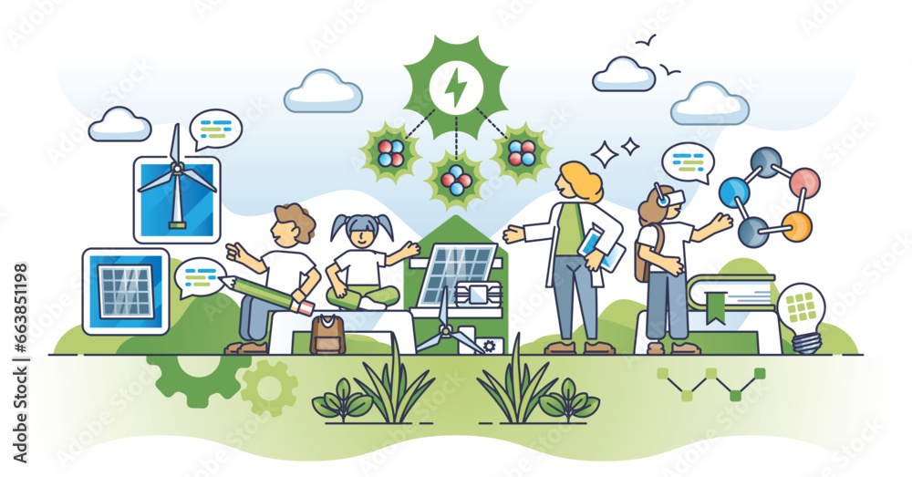 Education and awareness for greener future learning with kids outline concept. Sustainable and environmental electricity principles explanation in school vector illustration. Clean power project. - obrazy, fototapety, plakaty 