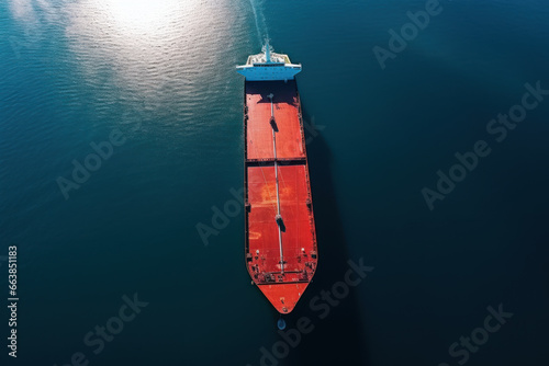 Aerial view of a bulk carrier sailing in the through calm blue ocean waters.