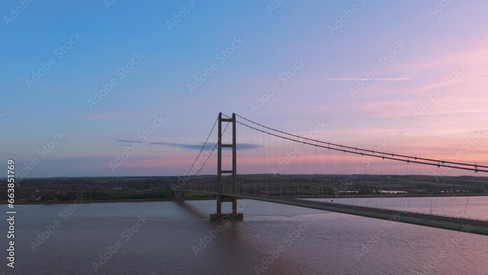 Aerial sunset over Humber Bridge, cars in motion. Aerial sunset over Humber Bridge, cars in motion.