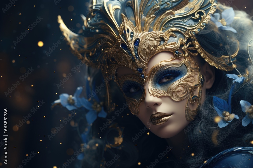 Beautiful woman in black mysterious venetian mask. AI Generated