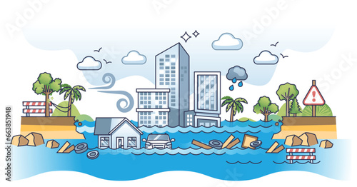Sea level rise and destructive flood weather risks in future outline concept. Global warming and ice melting impact on urban and highly populated areas with dangerous climate vector illustration. photo